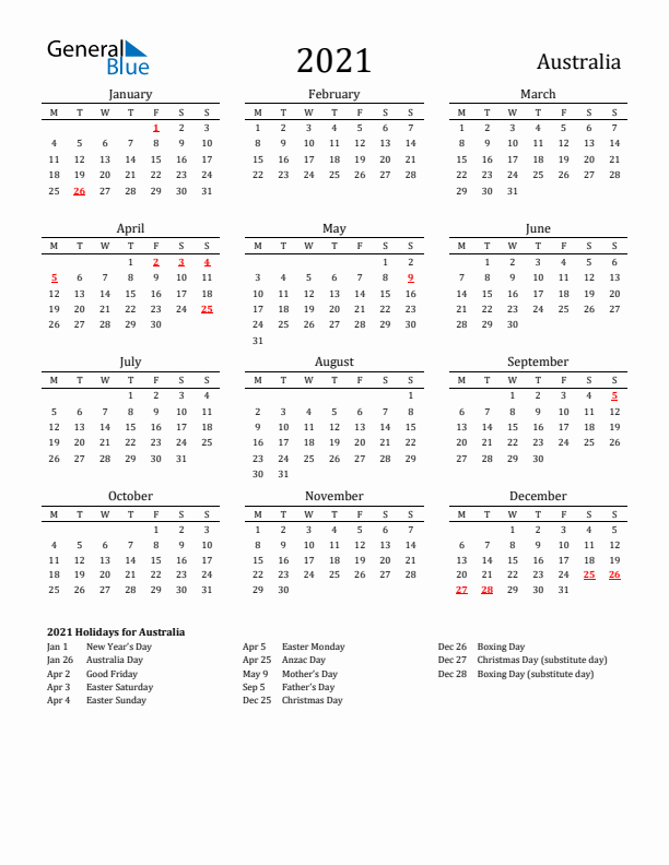 Australia Holidays Calendar for 2021