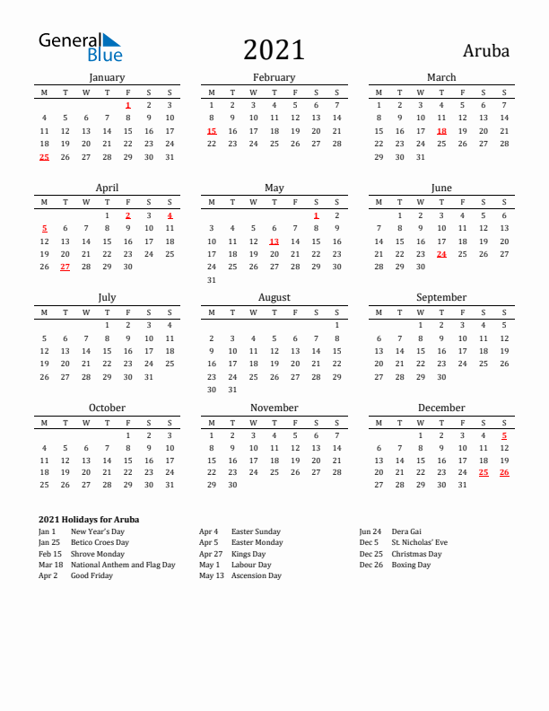 Aruba Holidays Calendar for 2021