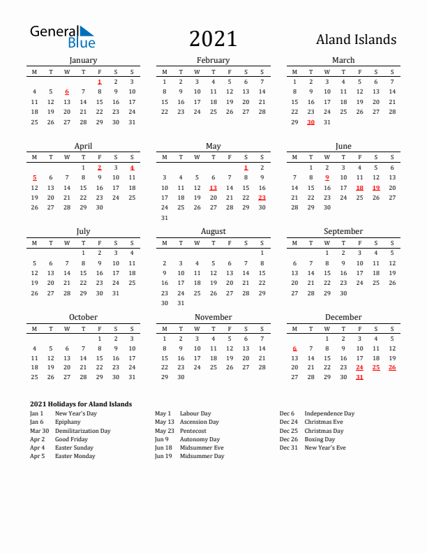 Aland Islands Holidays Calendar for 2021