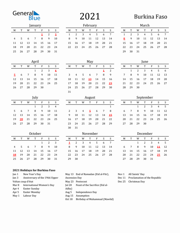 Burkina Faso Holidays Calendar for 2021