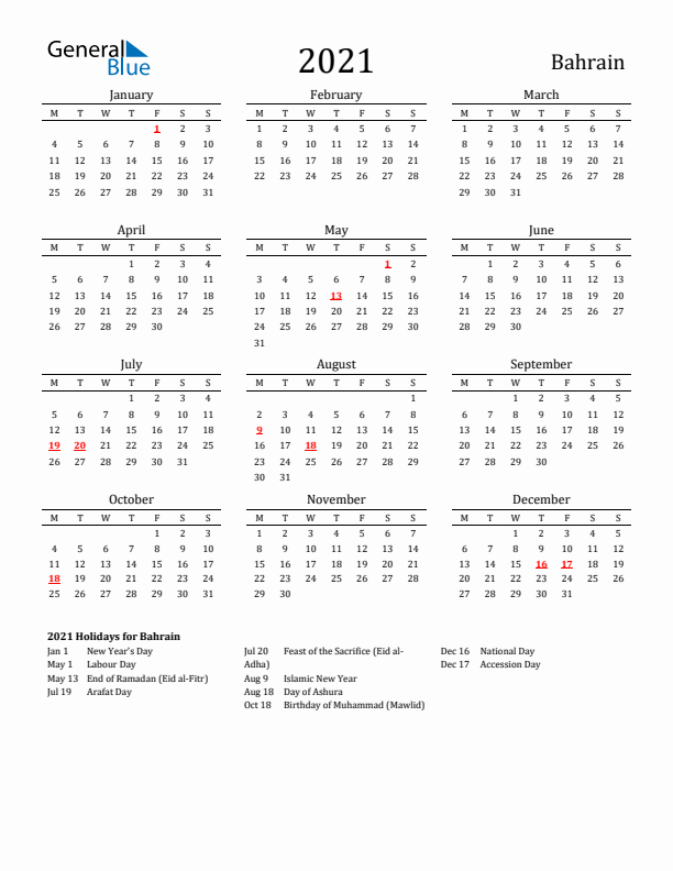 Bahrain Holidays Calendar for 2021