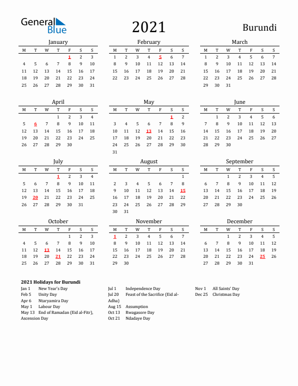 Burundi Holidays Calendar for 2021