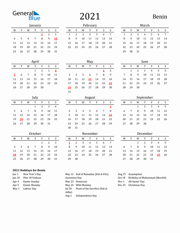 Benin Holidays Calendar for 2021