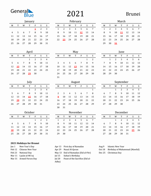 Brunei Holidays Calendar for 2021