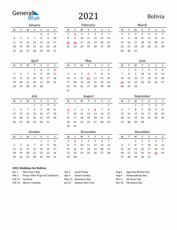 Bolivia Holidays Calendar for 2021