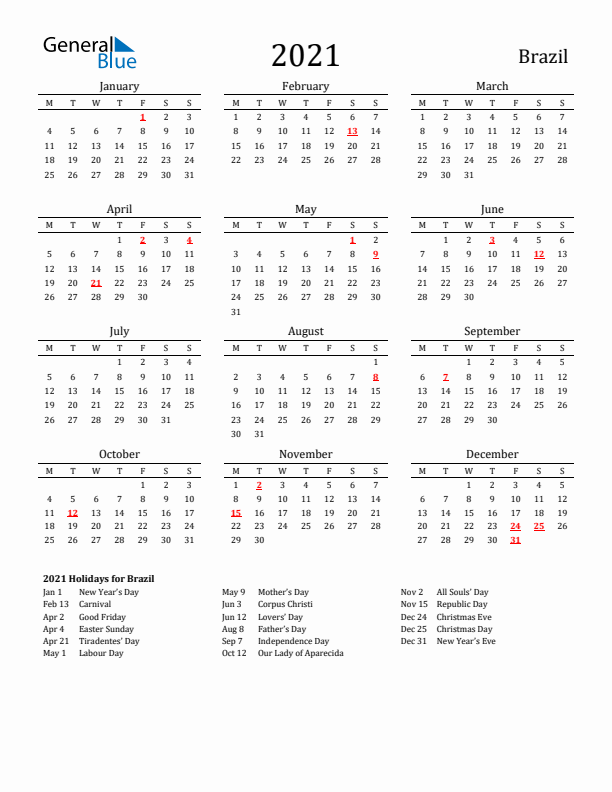Brazil Holidays Calendar for 2021