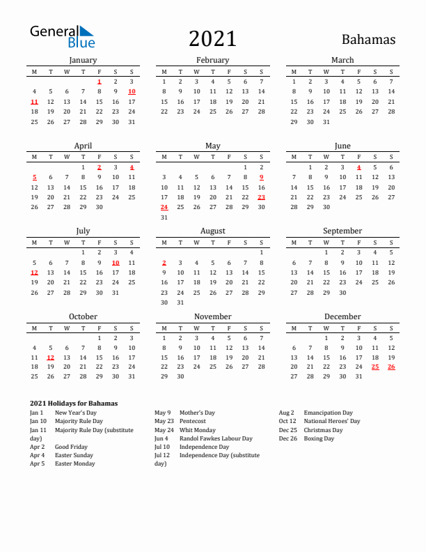 Bahamas Holidays Calendar for 2021