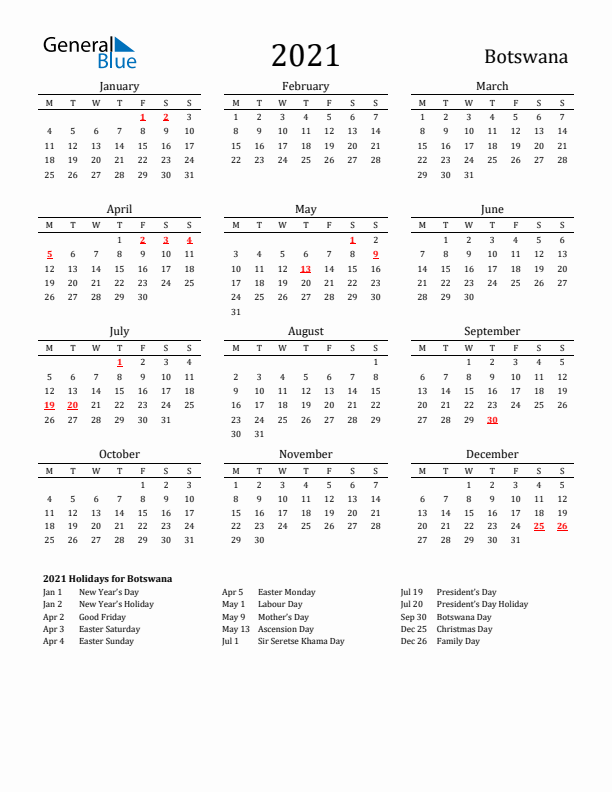 Botswana Holidays Calendar for 2021
