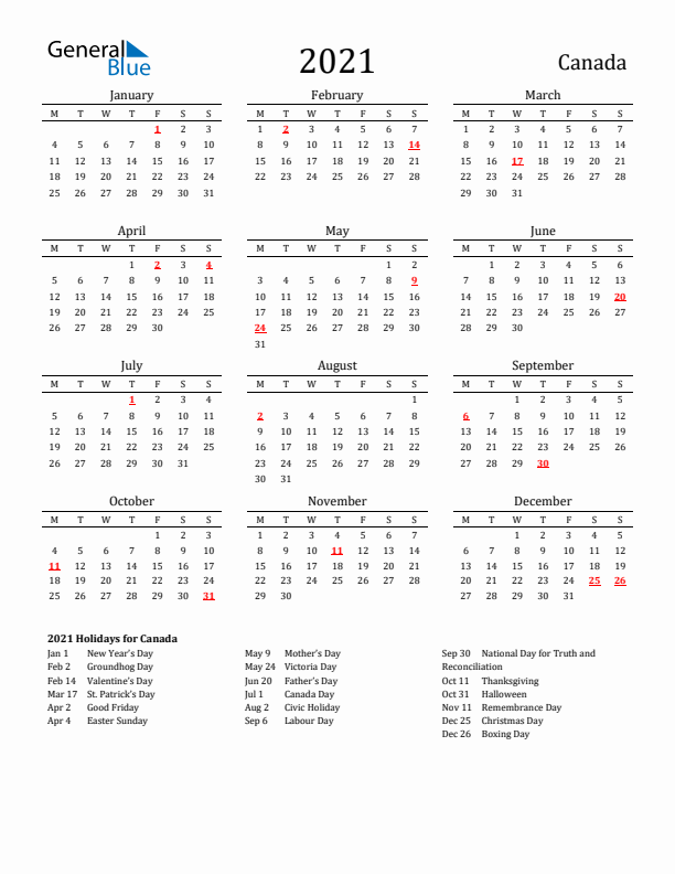 Canada Holidays Calendar for 2021