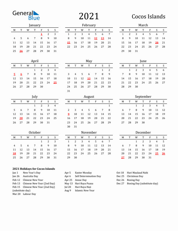 Cocos Islands Holidays Calendar for 2021