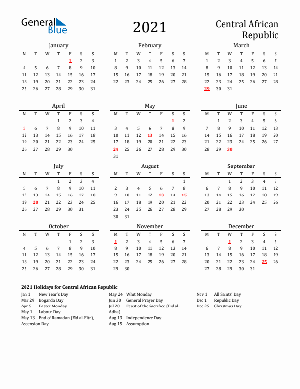 Central African Republic Holidays Calendar for 2021