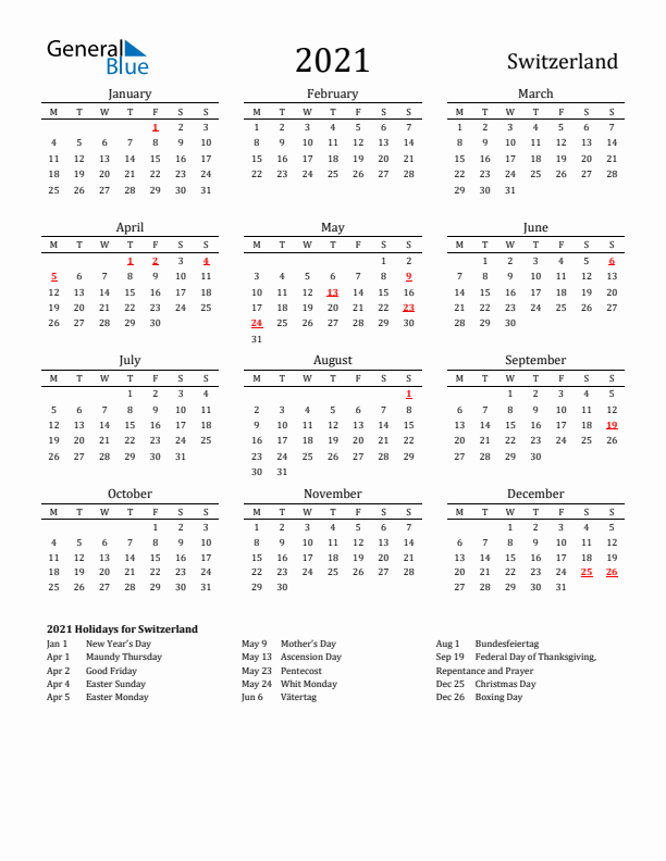 Switzerland Holidays Calendar for 2021