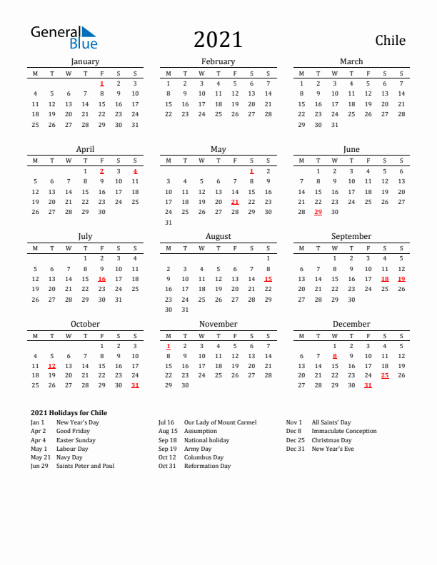 Chile Holidays Calendar for 2021