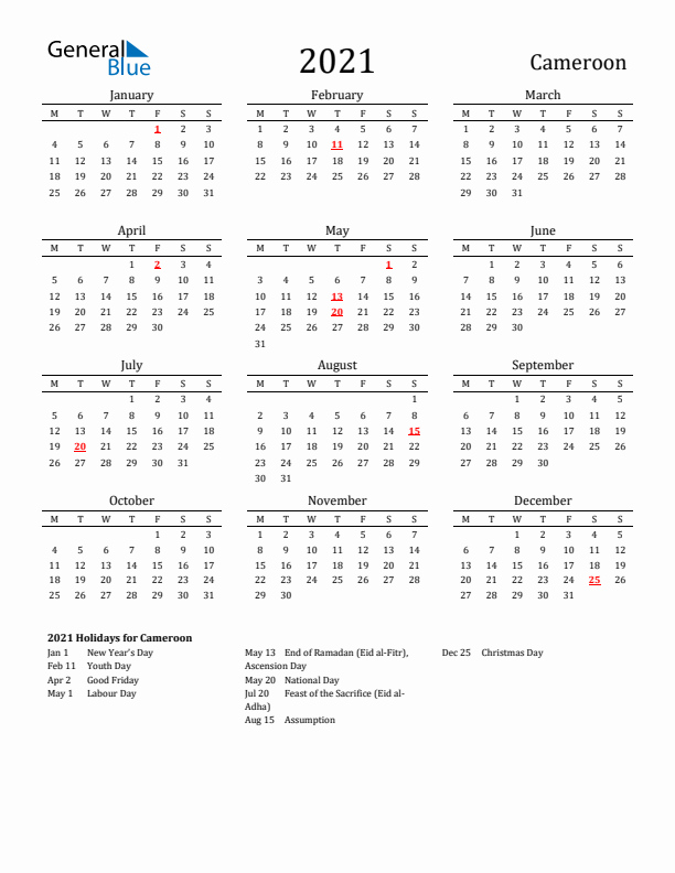 Cameroon Holidays Calendar for 2021