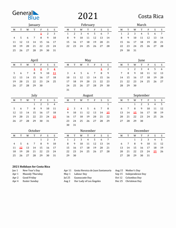 Costa Rica Holidays Calendar for 2021