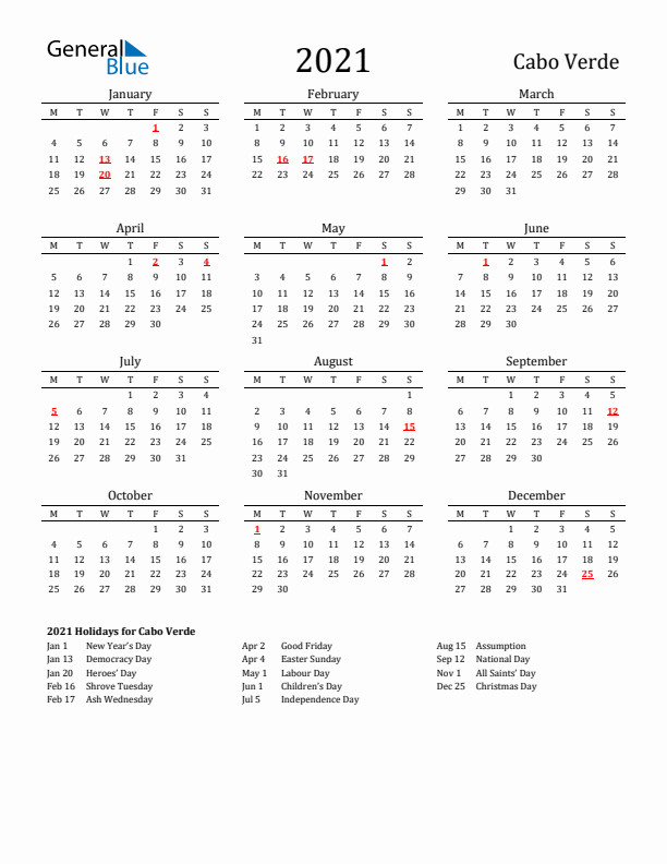 Cabo Verde Holidays Calendar for 2021