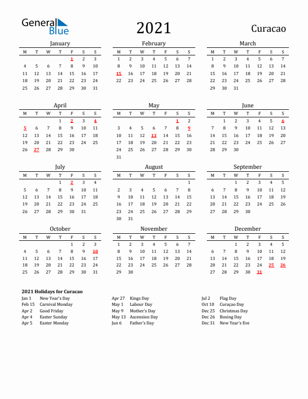 Curacao Holidays Calendar for 2021