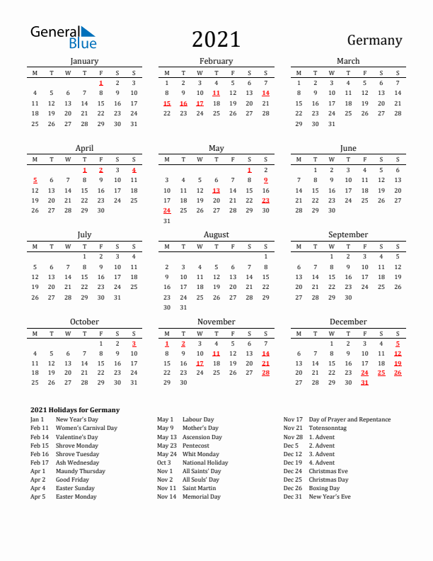 Germany Holidays Calendar for 2021