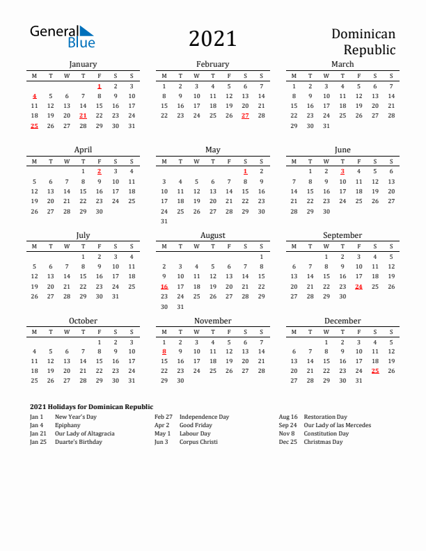 Dominican Republic Holidays Calendar for 2021