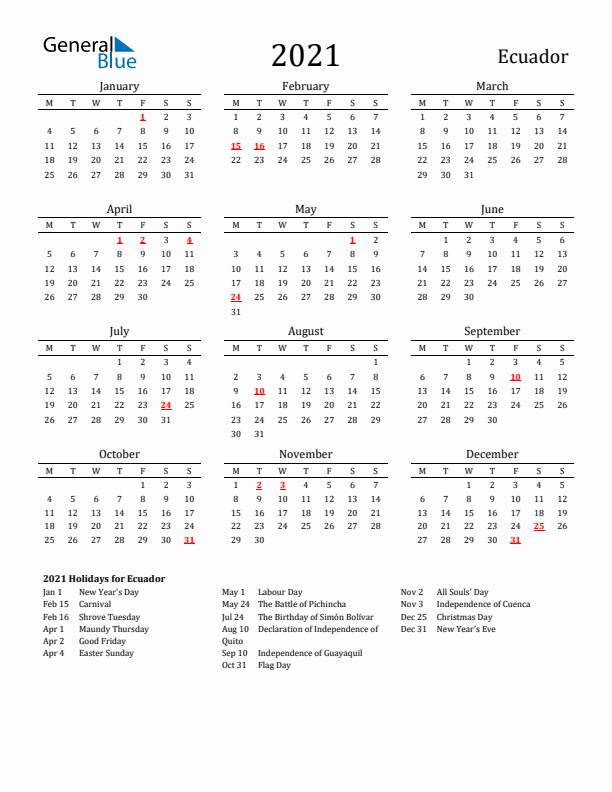 Ecuador Holidays Calendar for 2021