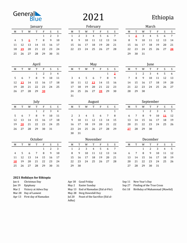 Ethiopia Holidays Calendar for 2021