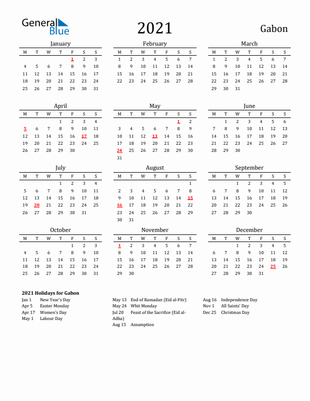 Gabon Holidays Calendar for 2021