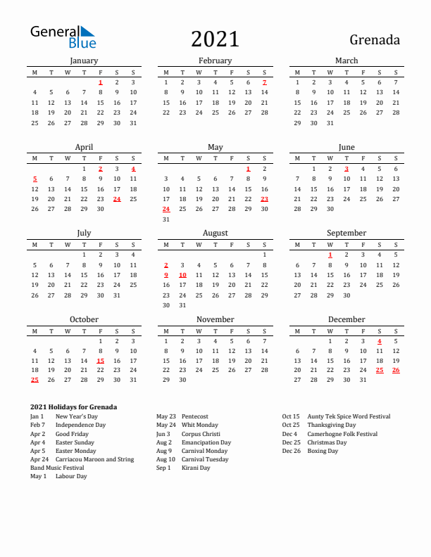 Grenada Holidays Calendar for 2021