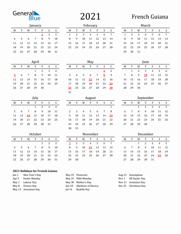 French Guiana Holidays Calendar for 2021