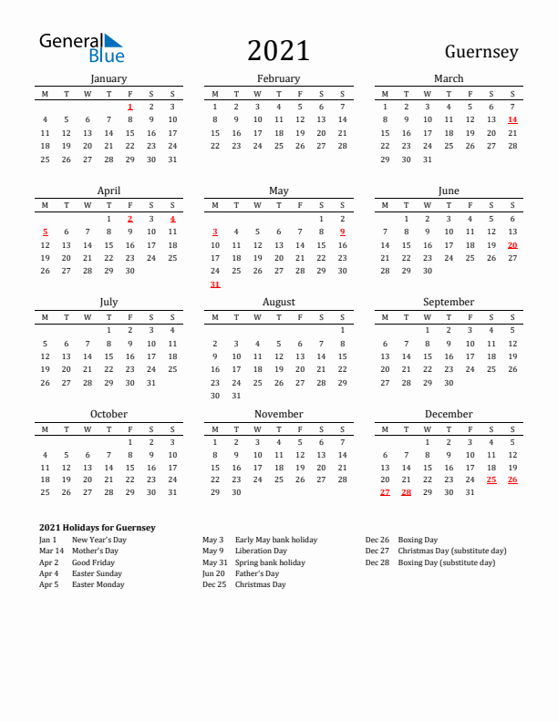 Guernsey Holidays Calendar for 2021