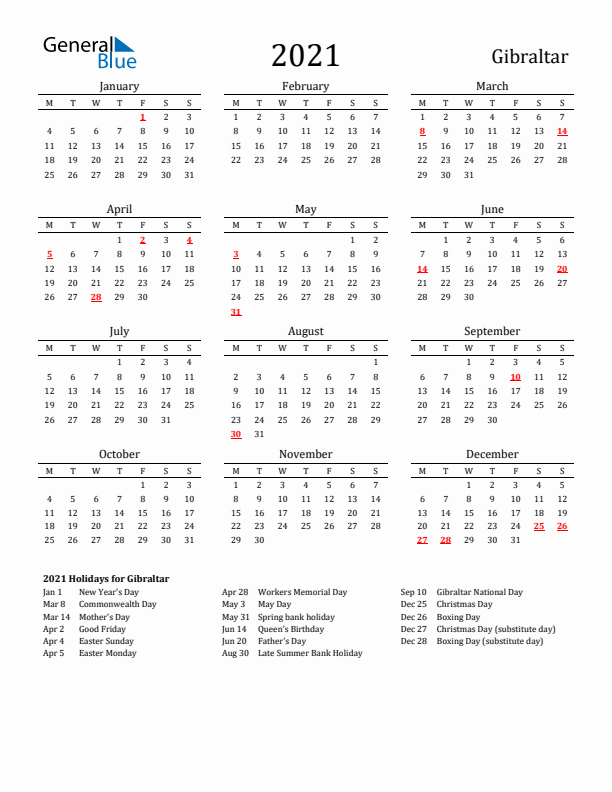 Gibraltar Holidays Calendar for 2021