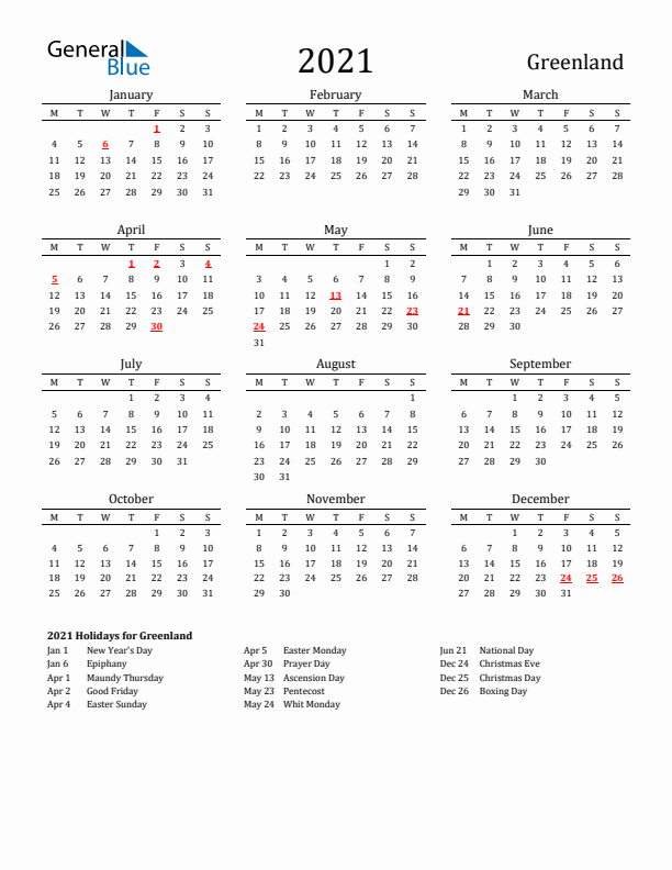 Greenland Holidays Calendar for 2021