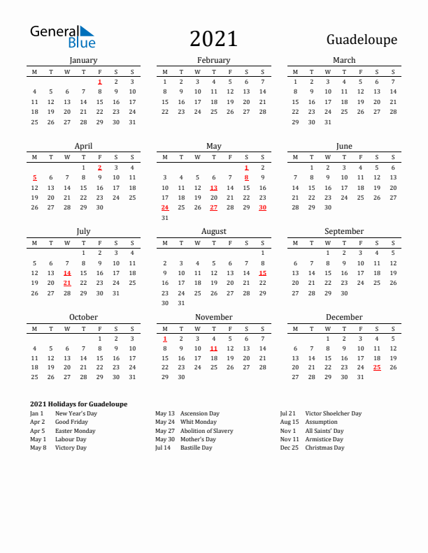 Guadeloupe Holidays Calendar for 2021