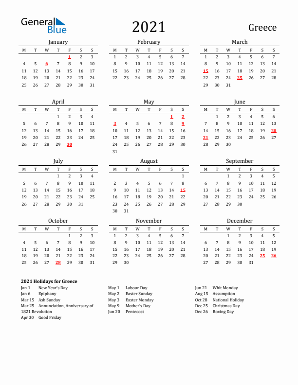 Greece Holidays Calendar for 2021