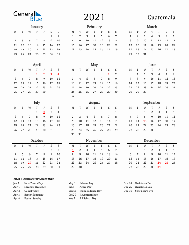 Guatemala Holidays Calendar for 2021