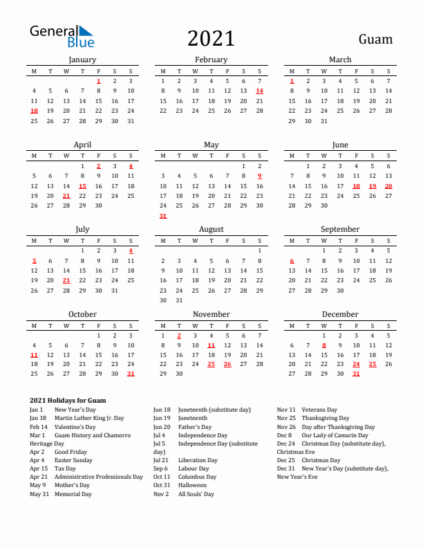 Guam Holidays Calendar for 2021