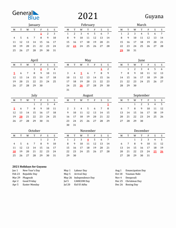 Guyana Holidays Calendar for 2021