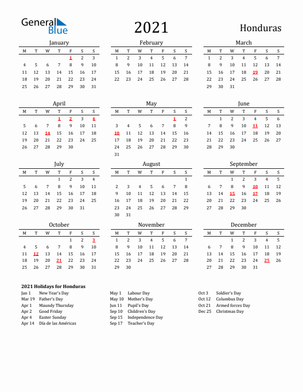 Honduras Holidays Calendar for 2021