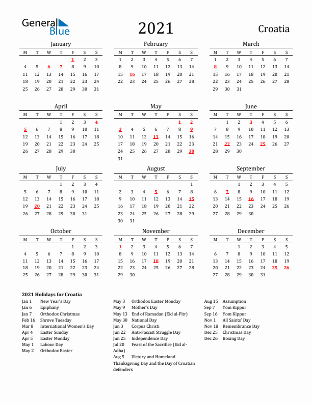 Croatia Holidays Calendar for 2021