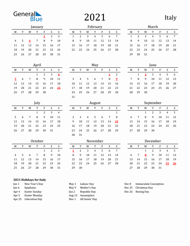 Italy Holidays Calendar for 2021