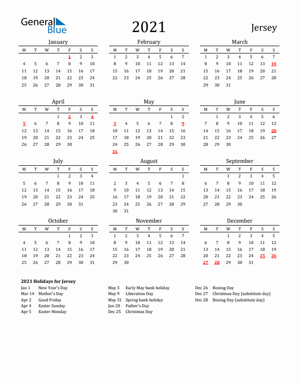 Jersey Holidays Calendar for 2021