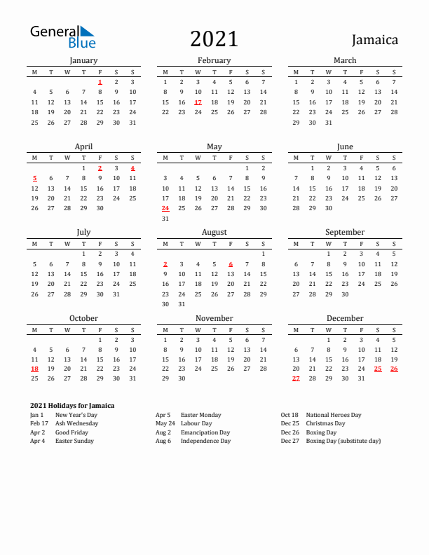 2021 Jamaica Calendar with Holidays