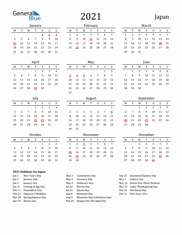 Japan Holidays Calendar for 2021