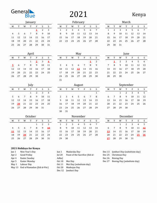 Kenya Holidays Calendar for 2021