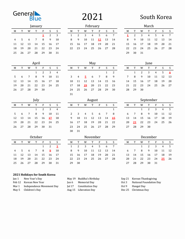South Korea Holidays Calendar for 2021