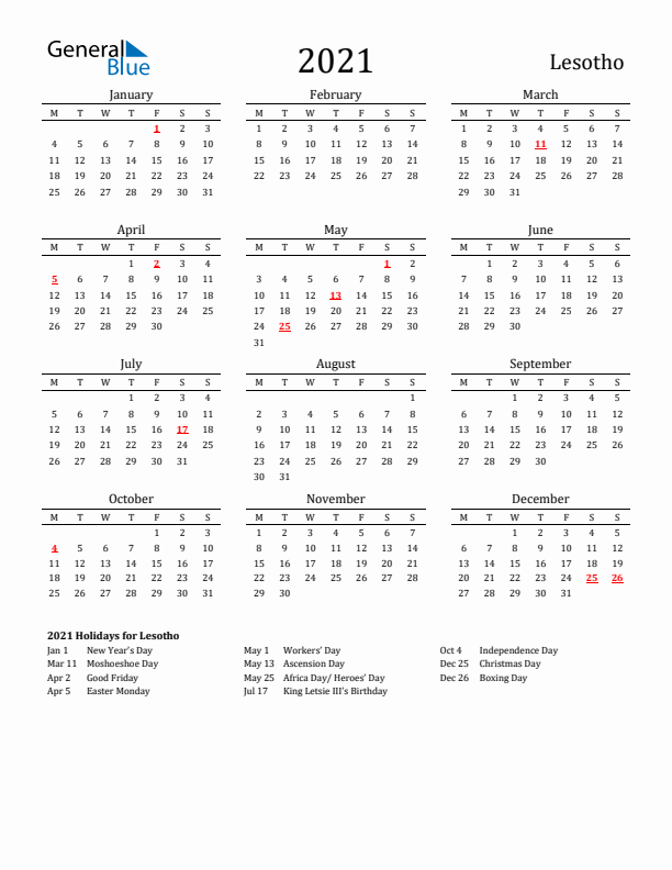 Lesotho Holidays Calendar for 2021