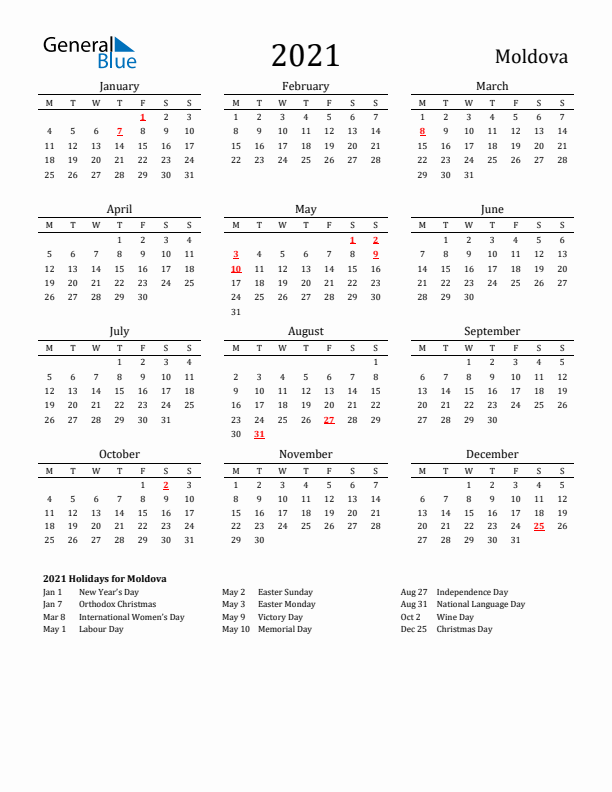 Moldova Holidays Calendar for 2021