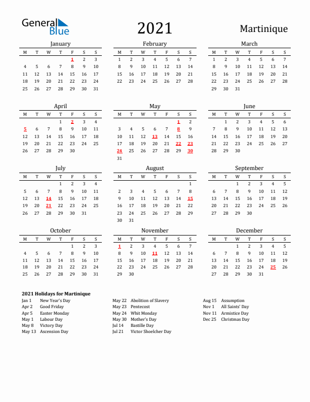 Martinique Holidays Calendar for 2021