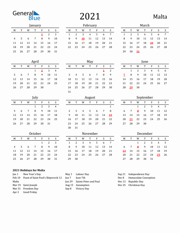 Malta Holidays Calendar for 2021