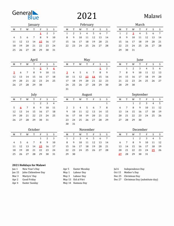 Malawi Holidays Calendar for 2021