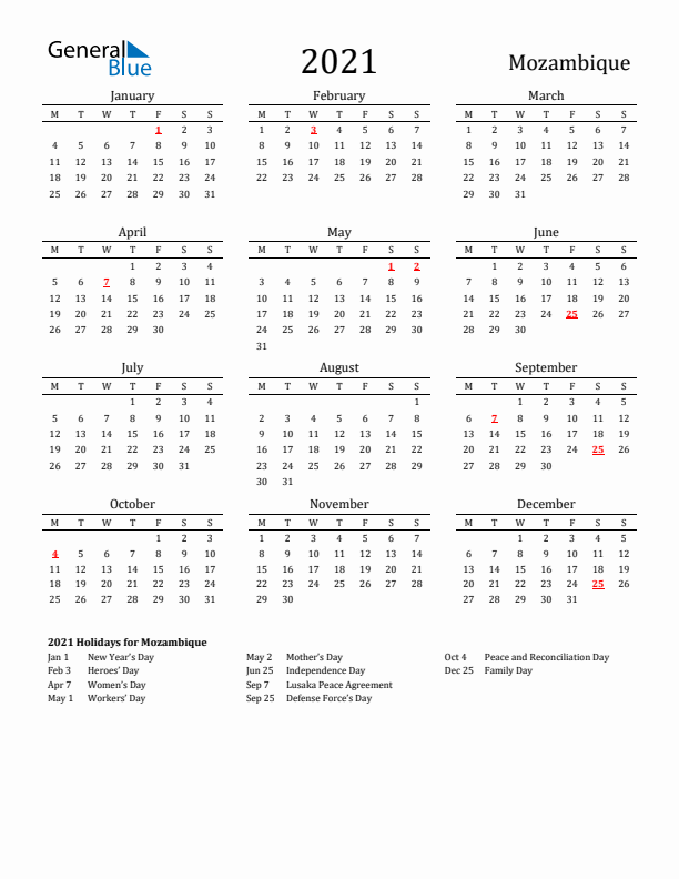 Mozambique Holidays Calendar for 2021